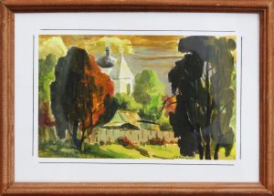 Картина «Пейзаж с белой церковью» бумага/акварель, размер 21*30 в деревянной рамке