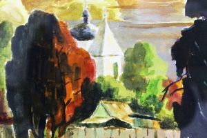 Картина «Пейзаж с белой церковью» бумага/акварель, размер 21*30 в деревянной рамке
