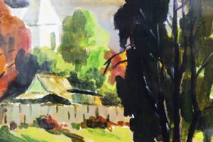Картина «Пейзаж с белой церковью» бумага/акварель, размер 21*30 в деревянной рамке