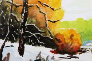 Картина «Озеро замерзло» бумага/акварель, размер 21*30 в деревянной рамке