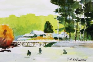 Картина «Озеро замерзло» бумага/акварель, размер 21*30 в деревянной рамке