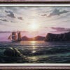 Картина маслом морской пейзаж, закат с парусником.