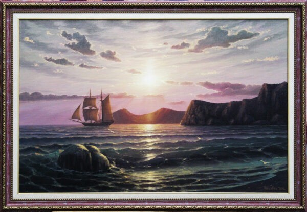 Картина маслом морской пейзаж, закат с парусником.