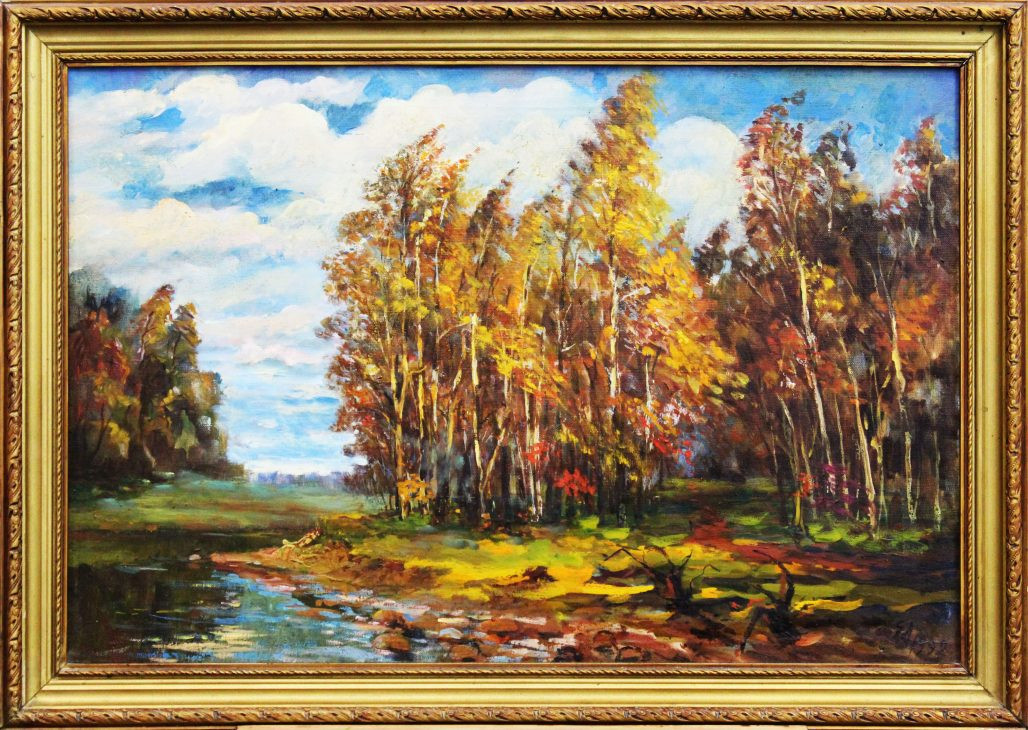 Картина "Река Друть" холст/масло, размер 59*73 в деревянной багетной раме Картина Река Друть маслом на холсте в деревянной раме.