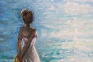 Картина «Девушка и море» холст/масло, размер 25*35 в белой раме.