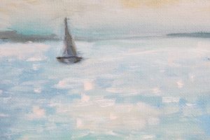 Картина «Девушка и море» холст/масло, размер 25*35 в белой раме.