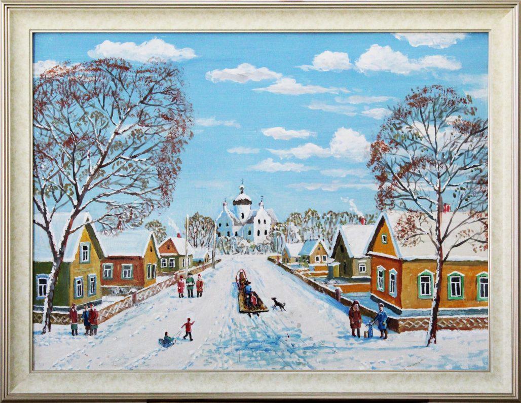 Зимний пейзаж, монастырь картина в багетной раме.