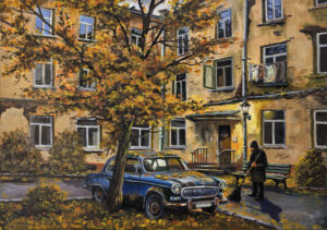 Картина «Осенний двор» холст/масло, с дорисовкой по торцу подрамника, размер 50*70